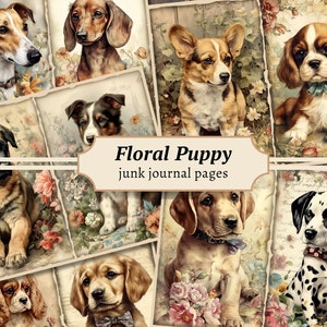 Pagine di diario di cuccioli floreali, kit di album di ritagli digitali per cani, stampabile di animali domestici carini, foglio di collage di fiori, effimeri vintage, sfondo di carta