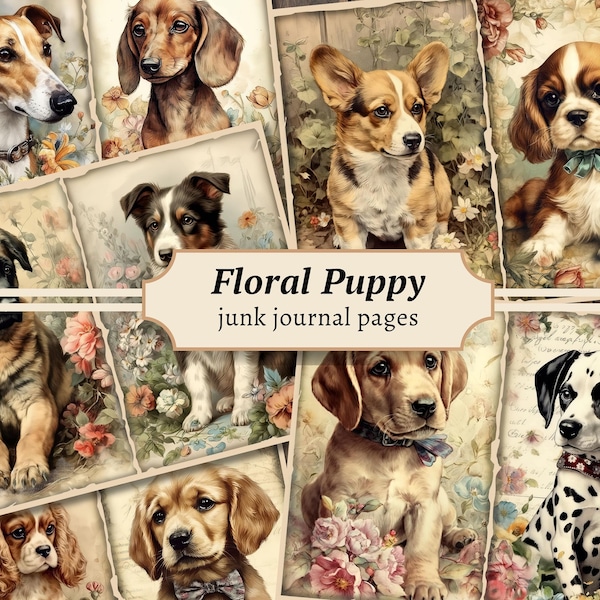 Floral Puppy Junk Journal Pages, Digital Dog Scrapbook Kit, Cute Pet Printable, Flower Collage Sheet, Vintage Ephemera, Paper Background