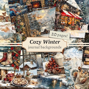 Sfondi invernali accoglienti, pagine di diario spazzatura, kit di carta per album digitali, stampabile di Natale, foglio di collage di cottage innevati, effimeri vintage