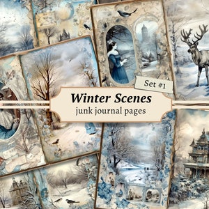 Wintertaferelen ongewenste dagboekpagina's, digitale plakboekkit, afdrukbaar besneeuwd bos, sneeuwcollagevel, vintage ephemera, ambachtelijke download