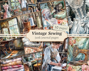 Vintage Sewing Junk Journal Pages, digital scrapbook paper, victorian printable, seamstress collage sheet, sewing machine kit, ephemera ATC