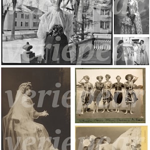 May include: A collage of vintage black and white photographs featuring women in various poses and settings. The images include a woman standing on a porch, a group of women on a beach, a woman in a wedding dress, and a woman in a hat.