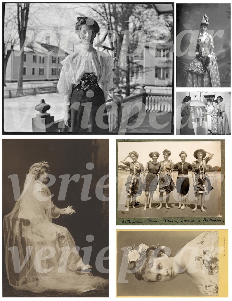 May include: A collage of vintage black and white photographs featuring women in various poses and settings. The images include a woman standing on a porch, a group of women on a beach, a woman in a wedding dress, and a woman in a hat.