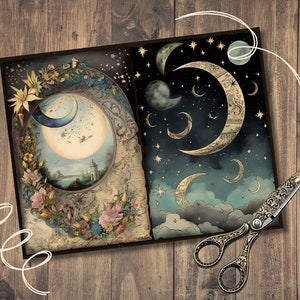 Celestial Moon Junk Journal Pages, Digital Scrapbook Paper Kit, Vintage ...