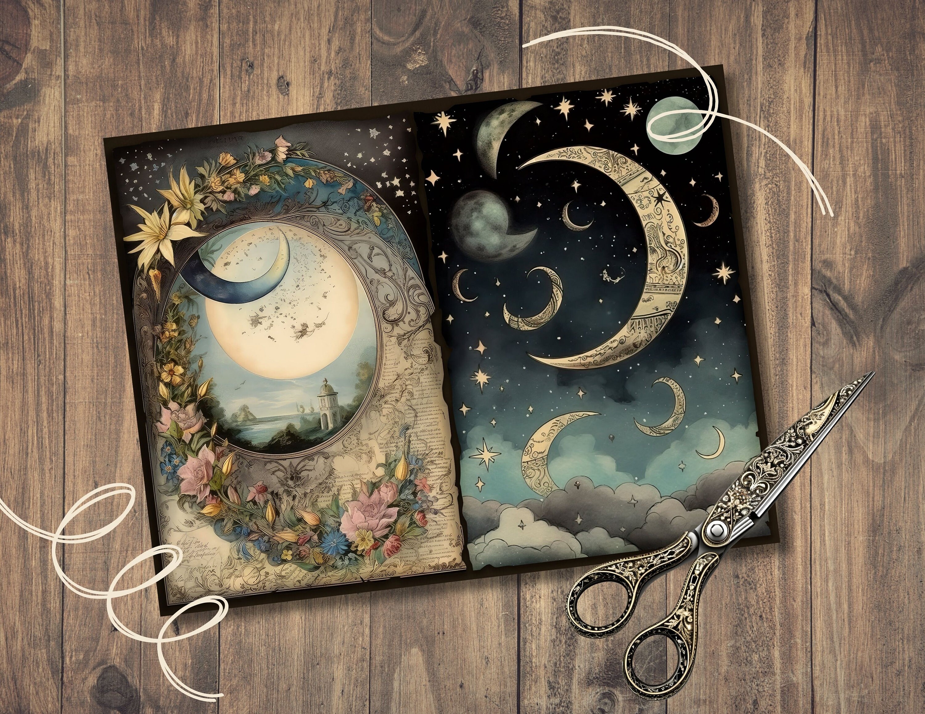 Celestial Moon Junk Journal Pages, Digital Scrapbook Paper Kit, Vintage ...