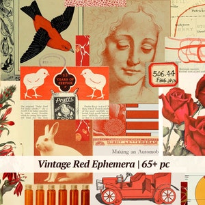 Kit éphémère rouge vintage | 65+ pièces | pages de journal indésirables imprimables, feuille de collage numérique, étiquettes de scrapbooking, embellissements de journalisation, billets