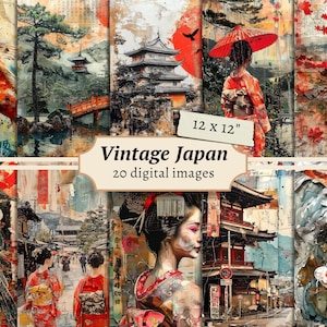 Papeles digitales japoneses antiguos, página de diario basura, kit de álbum de recortes japonés, imprimibles orientales, fabricación de tarjetas, efímeras asiáticas, hoja de collage