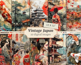 Puede incluir: Un paquete de papel digital con 20 imágenes con diseños japoneses vintage. Las imágenes incluyen peces koi, flores de cerezo, pagodas y arquitectura japonesa tradicional. El paquete mide 30,5 cm por 30,5 cm.