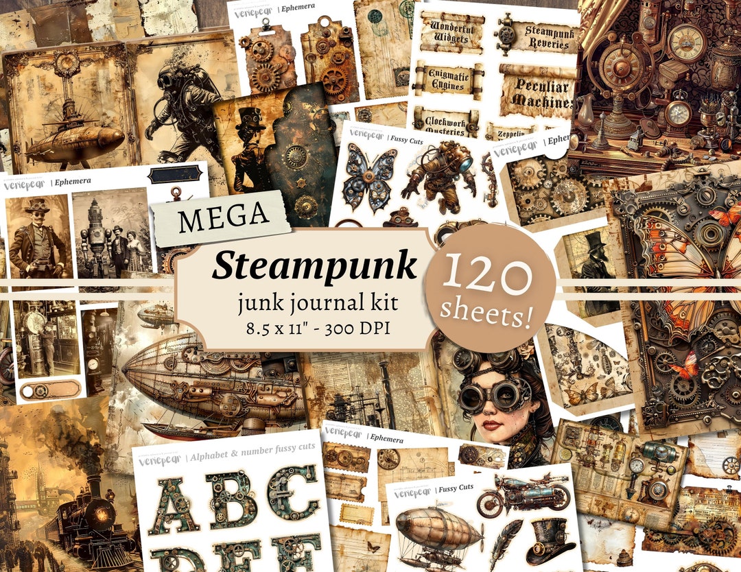 Steampunk Junk Journal Kit, Digital Scrapbook Paper, Victorian ...