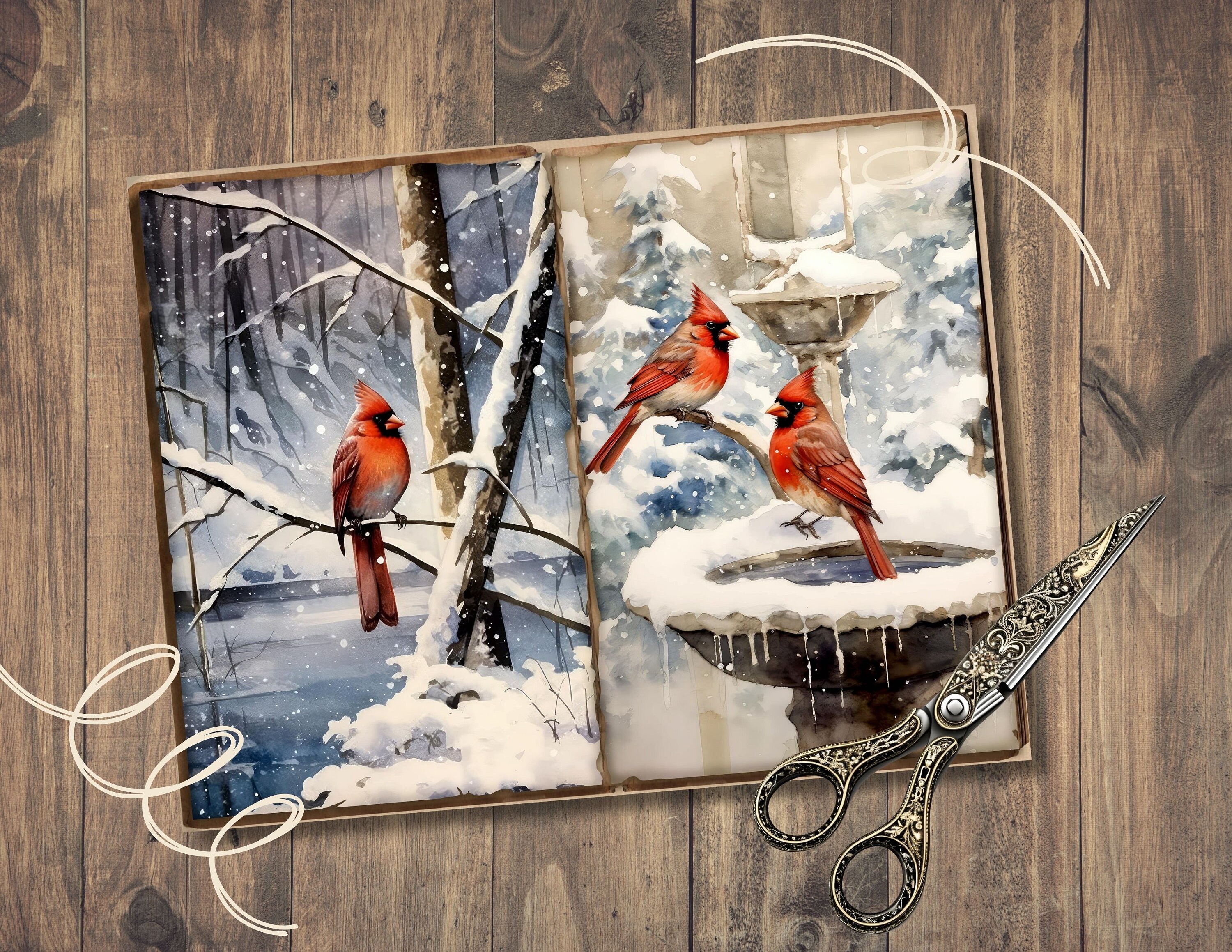 Winter Cardinal Junk Journal Pages, Digital Scrapbook Paper Kit, Snowy ...