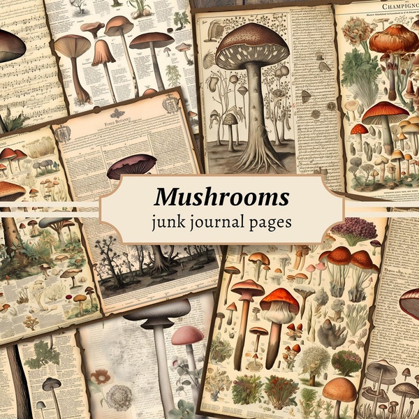 Mushroom Journal Pages, Digital Fungi Junk Journal Paper, Printable Garden Scrapbook Kit, Toadstool Collage Sheet, Botanic Vintage Ephemera