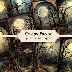 Creepy Forest Junk Journal Pages, Digital Scrapbook Paper Kit, Spooky Printable, Dark Moon Collage Sheet, Vintage Ephemera, Mystic Download