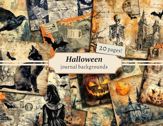 Halloween Backgrounds, Junk Journal Pages, Digital Scrapbook Paper Kit, Spooky Gothic Printable, Pumpkin Collage Sheet, Vintage Ephemera