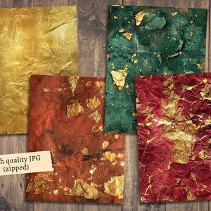 May include: Four digital paper textures with a crumpled, aged look. The papers are in shades of gold, red, green, and brown with gold leaf accents.