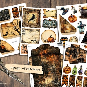 Może przedstawiać: Dziesięć stron halloweenowych efemeryd z obrazami czarownicy, kotła, nawiedzonego domu, czarnego kota, kruka, pająka, butelki z miksturą, dyni i przerażającego drzewa. Strony są wydrukowane na białym kartonie i mają zużyty, vintage'owy wygląd.
