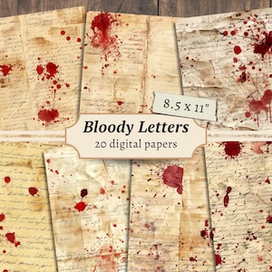 Papeles digitales con letras sangrientas, kit de álbum de recortes vintage, hojas de escritura a mano para imprimir, hojas de collage de Halloween, páginas de diario basura, material efímero desgastado