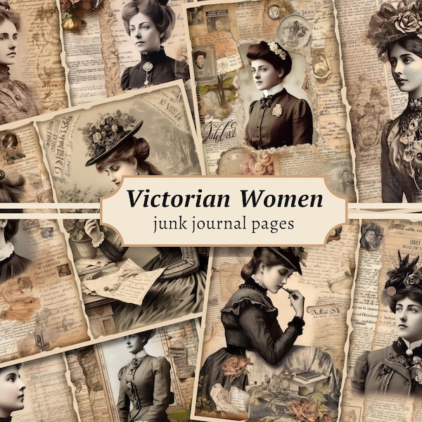 Victorian Women Junk Journal Pages, Digital Ephemera Kit, Antique Scrapbook Paper, Vintage Ladies, Printable Collage Sheet, Old Handwriting