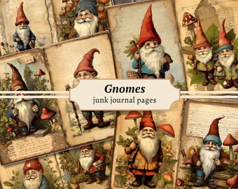 Gnomes Junk Journal Pages, Digital Scrapbook Paper Kit, Woodland Printable, Garden Gnome Collage Sheet, Vintage Ephemera, Forest Download
