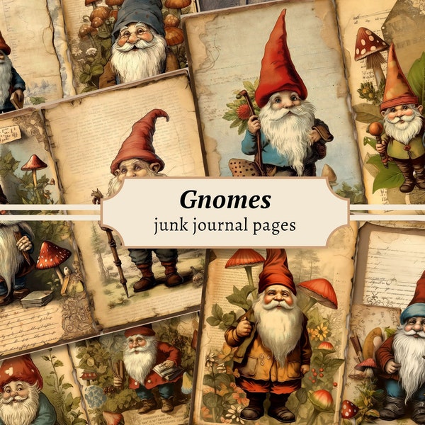 Gnomes Junk Journal Pages, Digital Scrapbook Paper Kit, Woodland Printable, Garden Gnome Collage Sheet, Vintage Ephemera, Forest Download