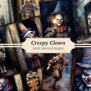 Griezelige clown ongewenste dagboekpagina's, digitale plakboekkit, afdrukbare horror, Dark Circus-collageblad, Haunted Carnival Vintage Ephemera
