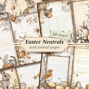 Pagine di diario di Pasqua Neutrals Junk, album digitale, kit di carta coniglietto floreale, stampabile primaverile, effimeri vintage, foglio collage di uova di Pasqua
