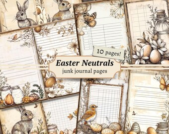 Easter Neutrals Junk Journal Pages, Digital Scrapbook, Floral Bunny Paper Kit, Spring Printable, Vintage Ephemera, Easter Egg Collage Sheet