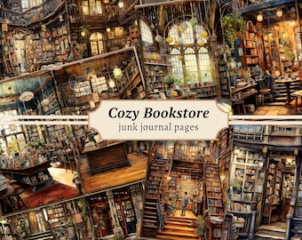 Cozy Bookstore Junk Journal Pages, Digital Scrapbook Paper Kit, Book Shop Printable, Reading Collage Sheet, Vintage Ephemera, Dark Academia