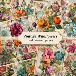 Páginas vintage de diarios basura de flores silvestres, suministro de álbumes de recortes imprimibles, efímera floral, hoja de collage de flores digitales, kit de papel de jardín botánico