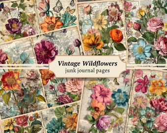 May include: Vintage Wildflowers junk journal pages featuring a collage of colorful floral illustrations on a background of old book pages.