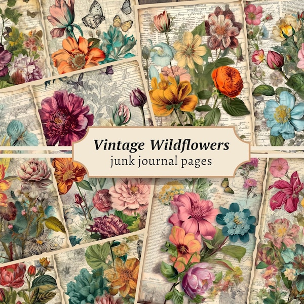 Vintage Wildflower Junk Journal Pages, Printable Scrapbook Supply, Floral Ephemera, Digital Flower Collage Sheet, Botanical Garden Paper Kit