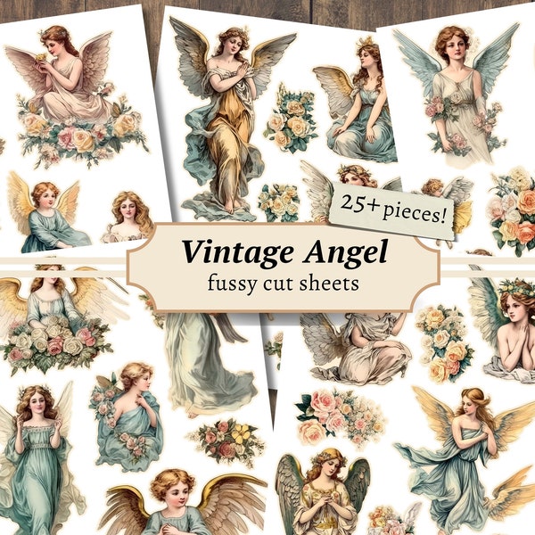 Vintage Angel Fussy Cuts, Digital Scrapbook Ephemera, Shabby Chic Printable, Junk Journal Pages, Sticker Collage Sheet, Fairy Card Paper Kit