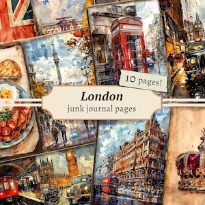 London Junk Journal Pages, digitaal plakboekpapier, afdrukbaar Groot-Brittannië, collageblad VK, vintage ephemera, download Verenigd Koninkrijk