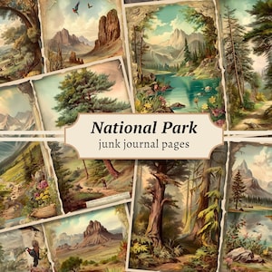 National Park Junk Journal Seiten, Digitales Scrapbook Papier Kit, Natur zum Ausdrucken, Berg Collage Sheet, Vintage Ephemera, Waldlandschaft