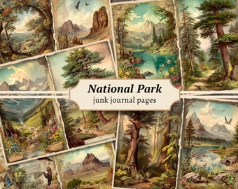 National Park Junk Journal Seiten, Digitales Scrapbook Papier Kit, Natur zum Ausdrucken, Berg Collage Sheet, Vintage Ephemera, Waldlandschaft