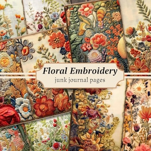 Bloemenborduurwerk ongewenste dagboekpagina's, digitale plakboekkit, afdrukbare bloemenstof, vintage collageblad, botanische kaarten downloaden