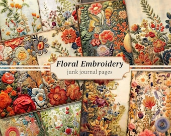 Floral Embroidery Junk Journal Pages, Digital Scrapbook Paper Kit, Flower Fabric Printable, Vintage Collage Sheet, Botanical Cards Download