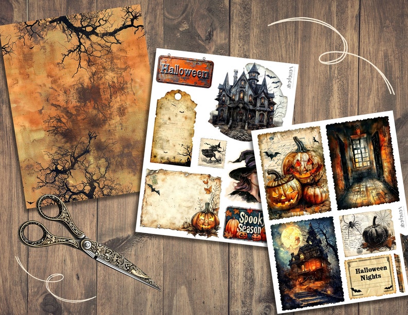 K&ouml;nnte beinhalten: Ein Satz digitaler druckbarer Papiere mit Halloween-Motiven. Die Papiere enthalten Bilder von Spukh&auml;usern, K&uuml;rbissen, Flederm&auml;usen und gruseligem Text. Die Papiere sind perfekt f&uuml;r Scrapbooking, Kartenherstellung und andere Bastelprojekte.