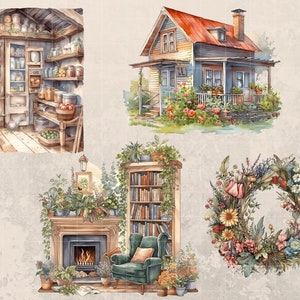 Może przedstawiać: Aquarela przedstawiająca przytulny domek z czerwonym dachem, regał wypełniony książkami, kominek z ogniem i wieniec kwiatowy. Ilustracja jest umieszczona na jasnobrązowym tle.