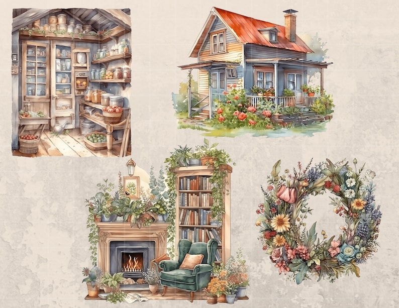 Może przedstawiać: Aquarela przedstawiająca przytulny domek z czerwonym dachem, regał wypełniony książkami, kominek z ogniem i wieniec kwiatowy. Ilustracja jest umieszczona na jasnobrązowym tle.