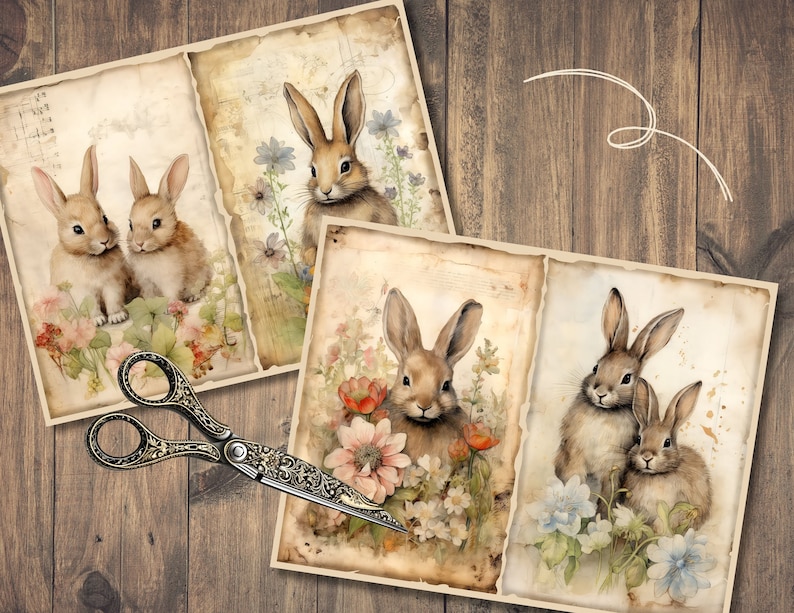 May include: Three vintage-style cards featuring watercolor illustrations of bunnies in a floral setting. The cards have a distressed, aged look and are perfect for scrapbooking or crafting.