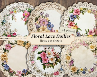 Floral Lace Doilies Fussy Cuts, Digital Ephemera, Vintage Printable, Flower Junk Journal Kit, Scrapbook Paper, Card Making, Collage Sheet