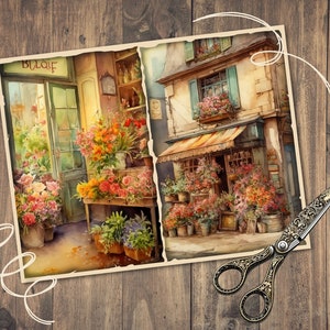 May include: A watercolor painting of two flower shops in Paris, France. The first shop is called "Bouquet" and has a green door with flowers in front of it. The second shop has a striped awning and is filled with flowers.