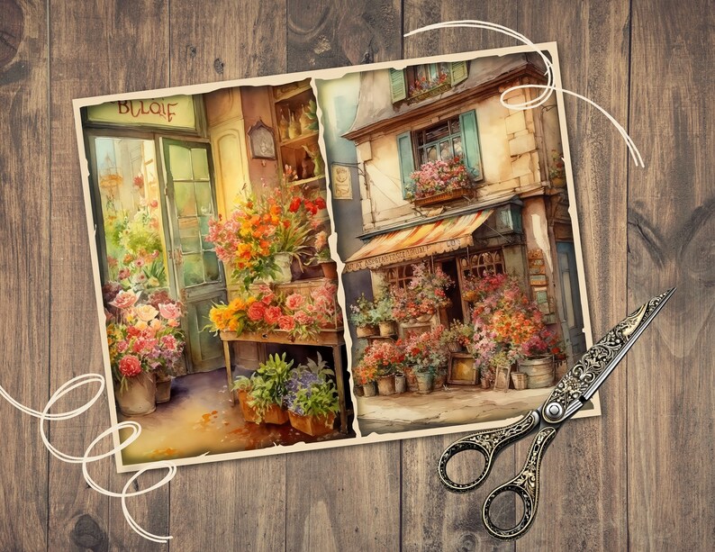 May include: A watercolor painting of two flower shops in Paris, France. The first shop is called "Bouquet" and has a green door with flowers in front of it. The second shop has a striped awning and is filled with flowers.