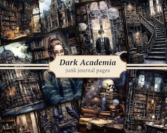 May include: A collage of images with a dark academia theme. The images include a library, a building, a person, and a skull. The text "Dark Academia junk journal pages" is in the centre of the collage.