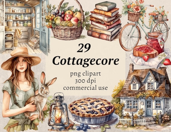 Cottagecore Clipart, Digital Junk Journal Ephemera, Printable PNG, Watercolor Cottage, Scrapbook Fussy Cut, Rustic Farm Life, Commercial Use