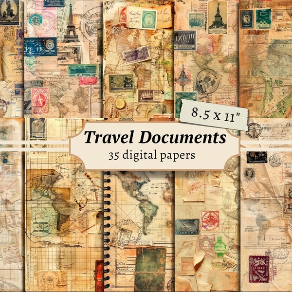 Travel Documents Digital Papers, Postage Stamps Scrapbook Kit, Maps Printable, Grunge Collage Sheet, Vintage Ephemera, Junk Journal Pages