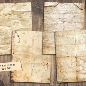 May include: Set of six vintage-style paper textures with handwritten text and aged edges. Each sheet measures 8.5 x 11 inches and is 300 DPI.