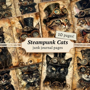 Pages de journal indésirable pour chats steampunk, kit de papier de scrapbooking numérique, imprimable victorien, industriel mécanique, éphémères vintage, feuille de collage