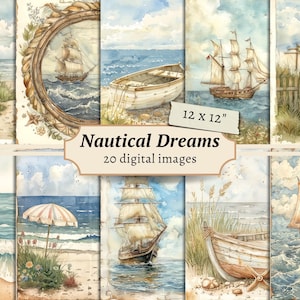 Papiers numériques Rêves nautiques, page de journal indésirable bleu océan, kit de scrapbooking bord de mer minable, plage à imprimer, cartes côtières, éphémères de la mer