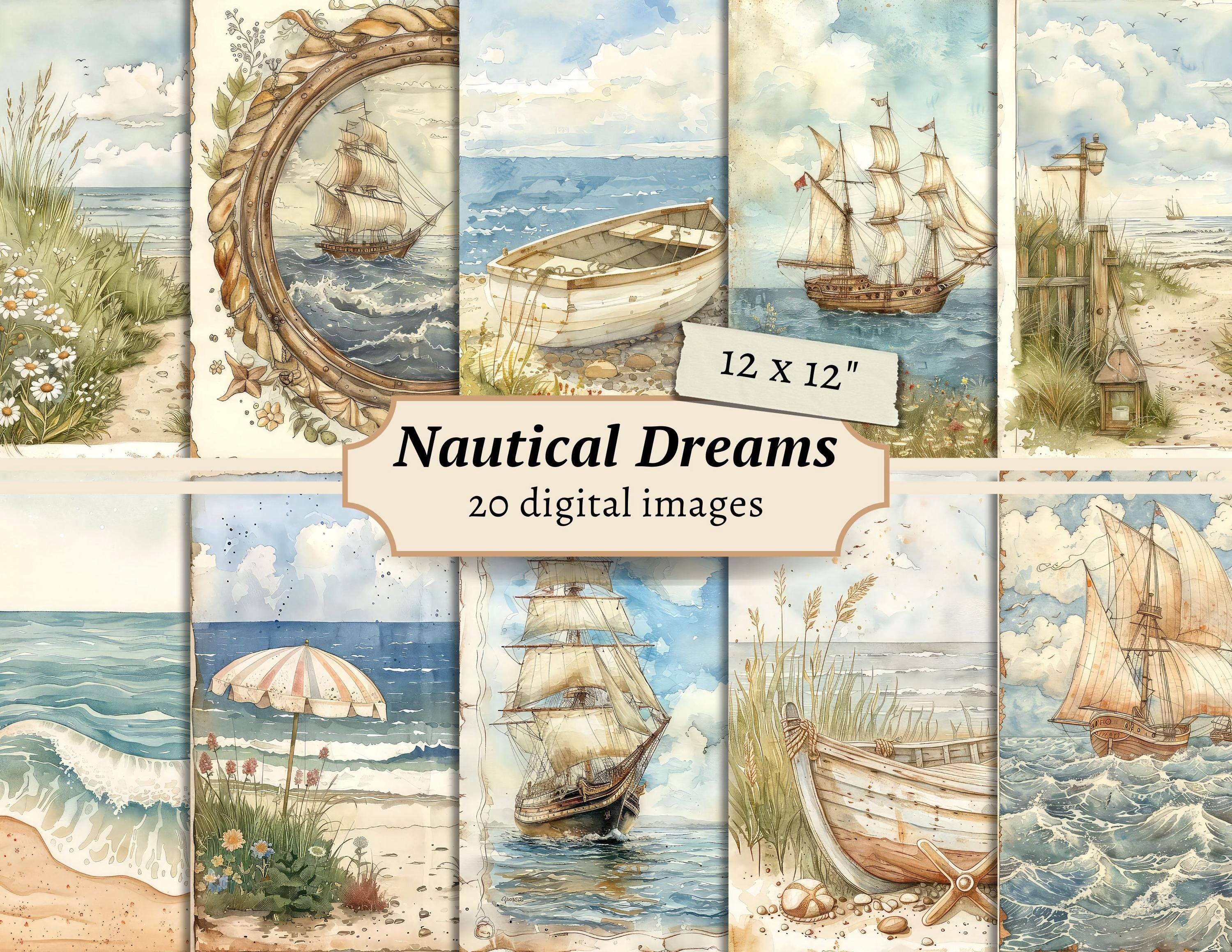 Nautical Dreams Digital Papers, Ocean Blue Junk Journal Page, Shabby Seaside Scrapbook Kit, Beach Printable, Coastal Cards, Sea Ephemera